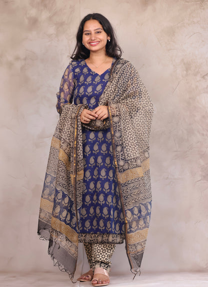 Blue Bagru Handblock printed kota 3 piece suit (stitched)