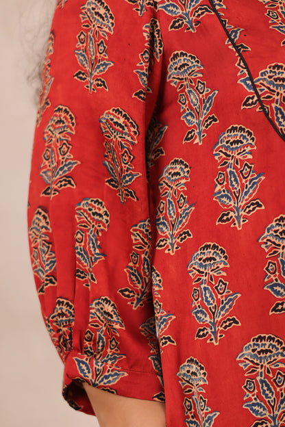 Red Ajrakh Modal Silk Aline Dress | Looms & Tassels