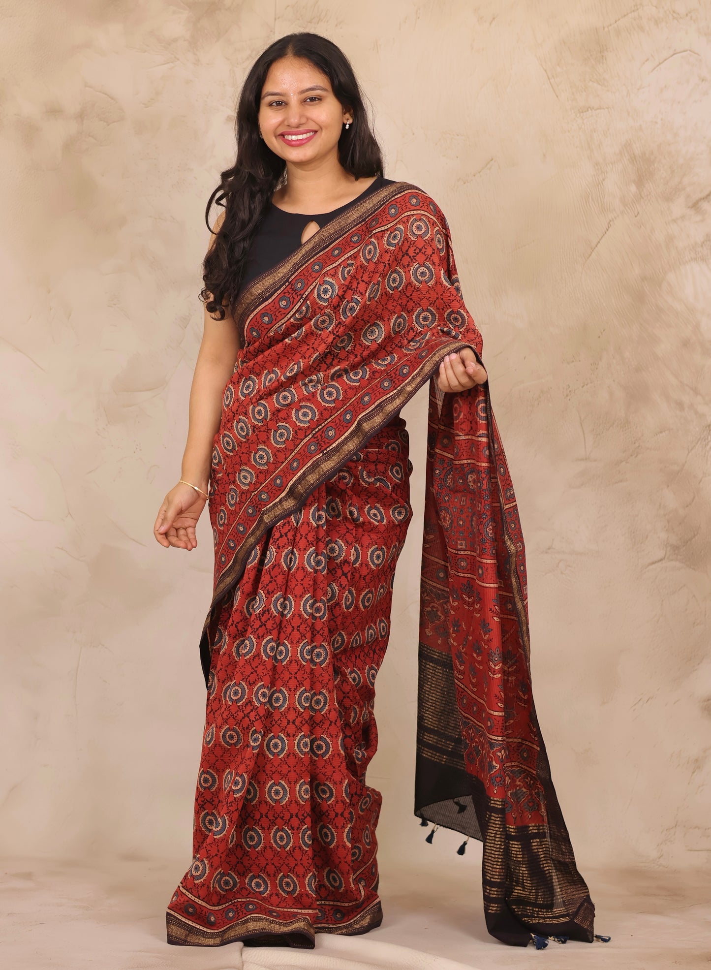 Maheswari Silk Cotton Ajrakh Handblock Printed Saree | Looms & Tassels