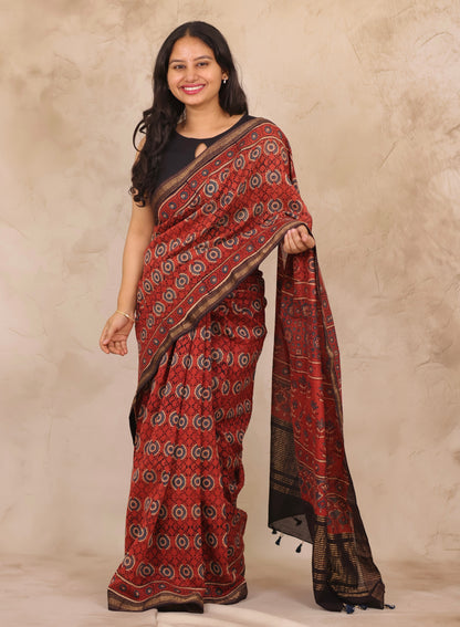 Maheswari Silk Cotton Ajrakh Handblock Printed Saree | Looms & Tassels