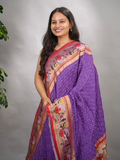 Lavender Handcrafted Bandhani Paithani Dola Silk Saree | Looms & Tassels