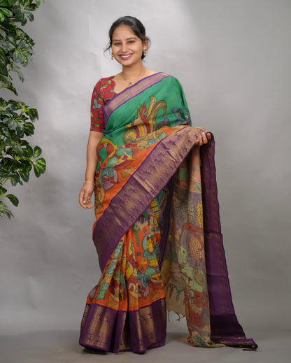 Green & Orange Hand Drawn Pen Kalamkari Bangalore Silk Kanchi Border Saree | Looms & Tassels