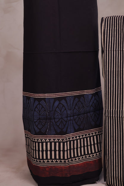 Black Ajrakh Handblock Printed Pure Cotton 2 Piece Suit Set | Looms & Tassels