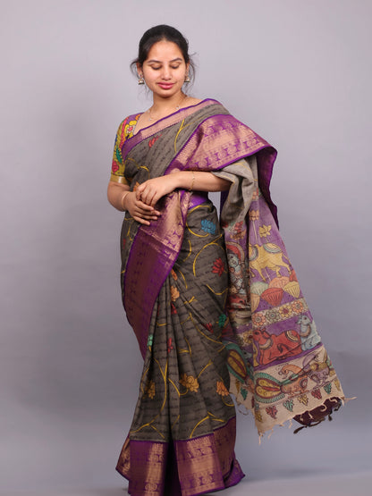 Grey Hand Painted Pen Kalamkari Silk Saree