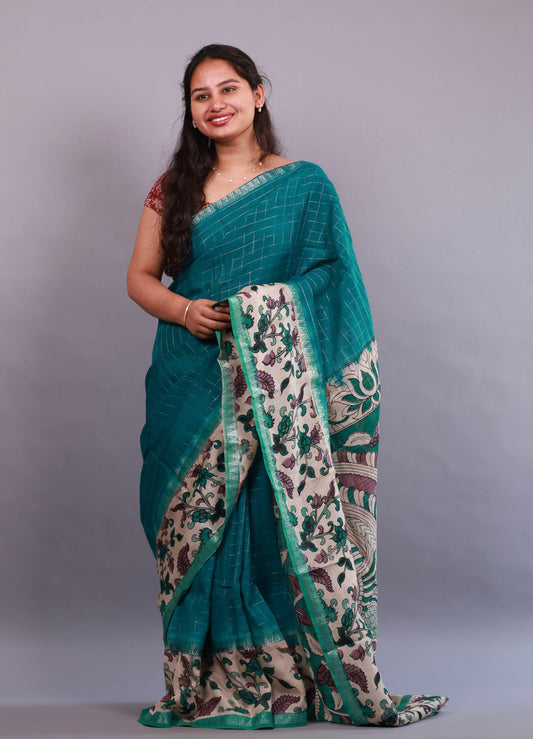Checks Kalamkari dyeing premium chennur silk saree
