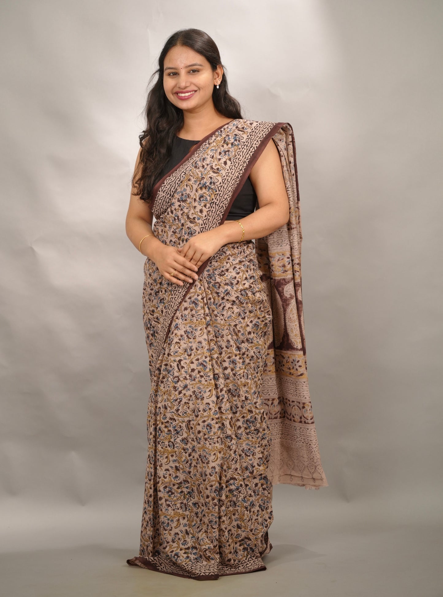 Cream Hand Block Printed Kalamkari Cotton Saree | Looms & Tassels