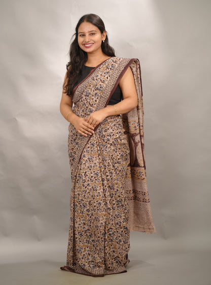Cream Hand Block Printed Kalamkari Cotton Saree | Looms & Tassels