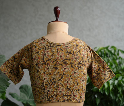 Mustard Boat Neck Stretchable Hand block printed kalamkari blouse