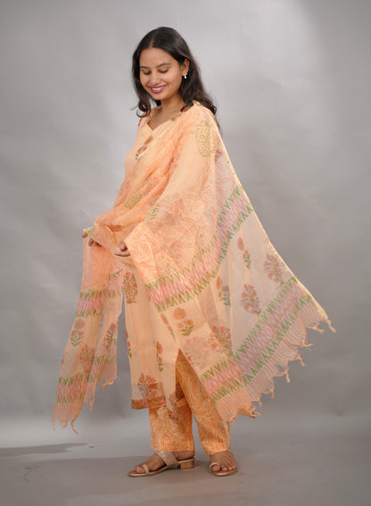 Pastel Handblock printed kota 3 piece suit (stitched)| Looms & Tassels