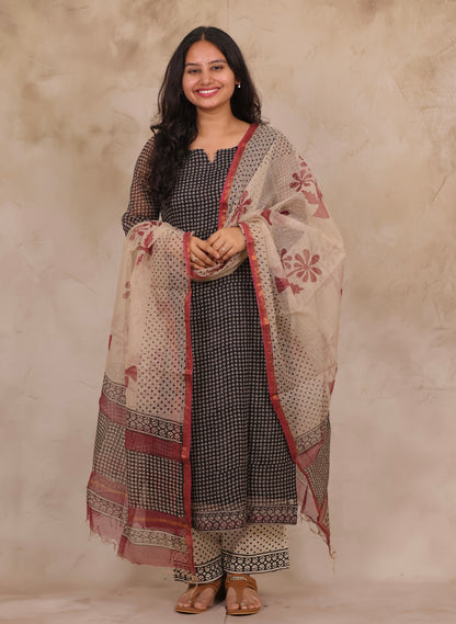 Black Polka Dots Handblock printed kota 3 piece suit (stitched)