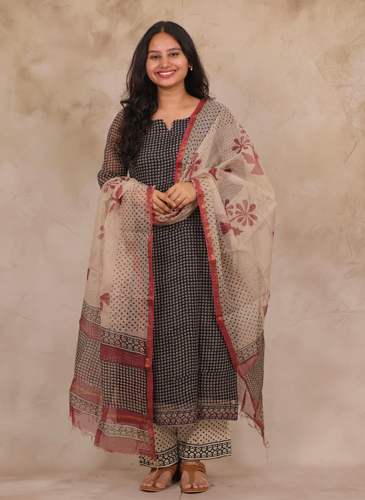 Black Polka Dots Handblock printed kota 3 piece suit (stitched)
