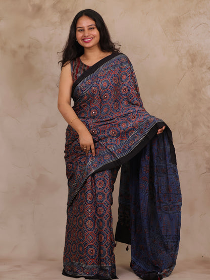 Indigo Handcrafted Ajrakh Modal Silk Saree with Authentic Banjara Mirror Work | Looms & Tassels