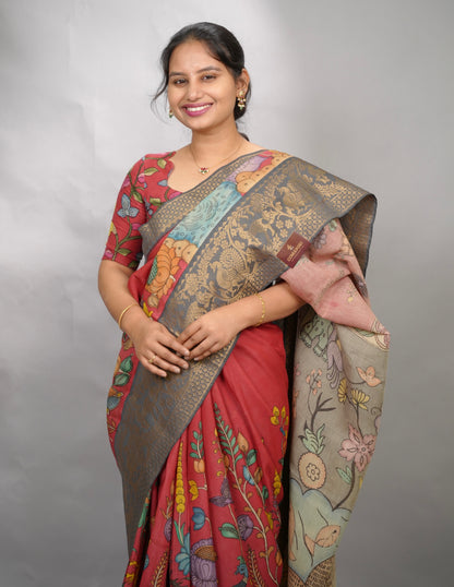 Pink Hand Drawn Pen Kalamkari Bangalore Silk Kanchi Border Saree | Looms & Tassels