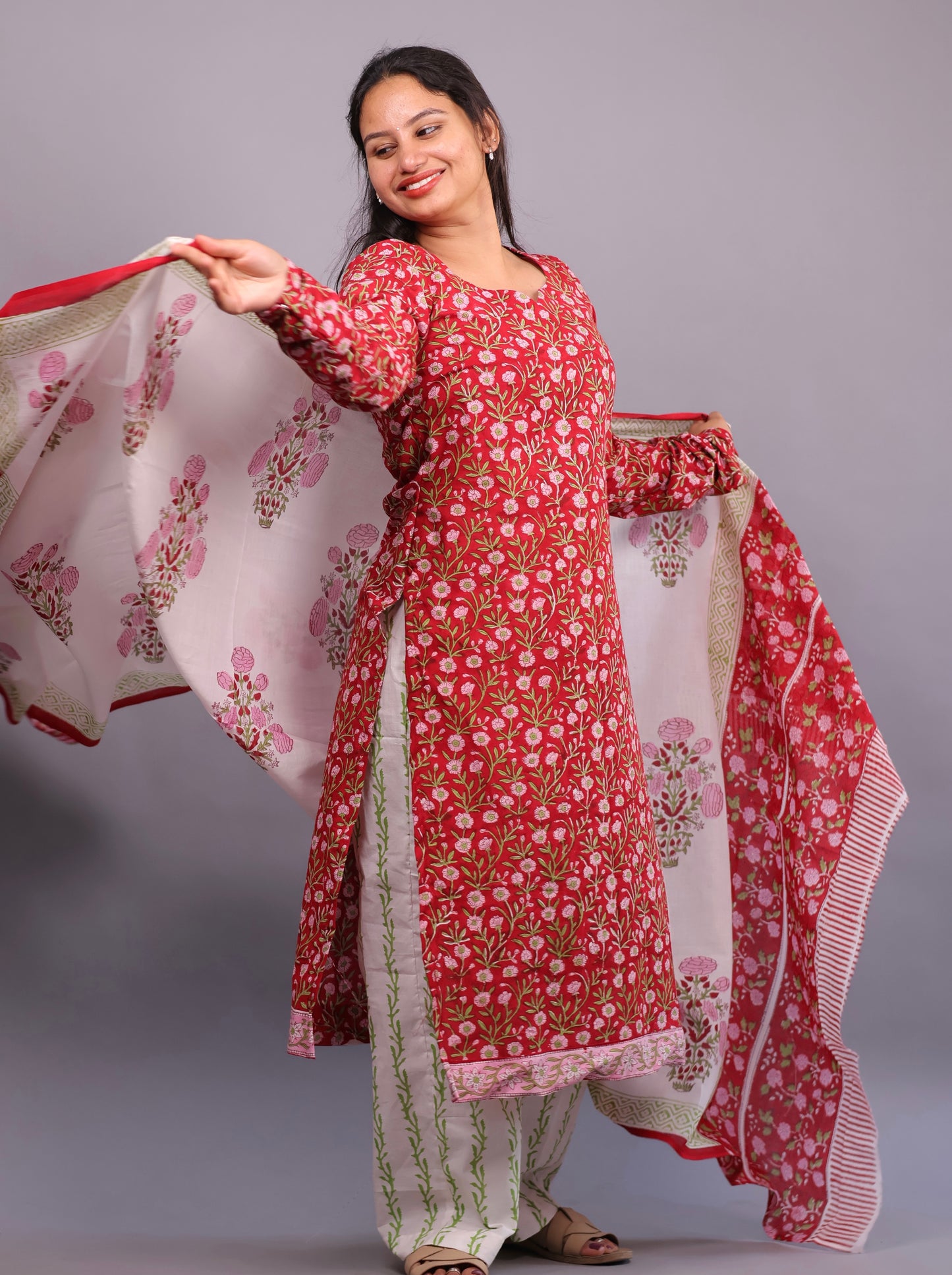 Red Floral Handblock printed Pure Mul Cotton with Mul Cotton Duppata 3 piece suit In Chudi Sleeves (stitched)