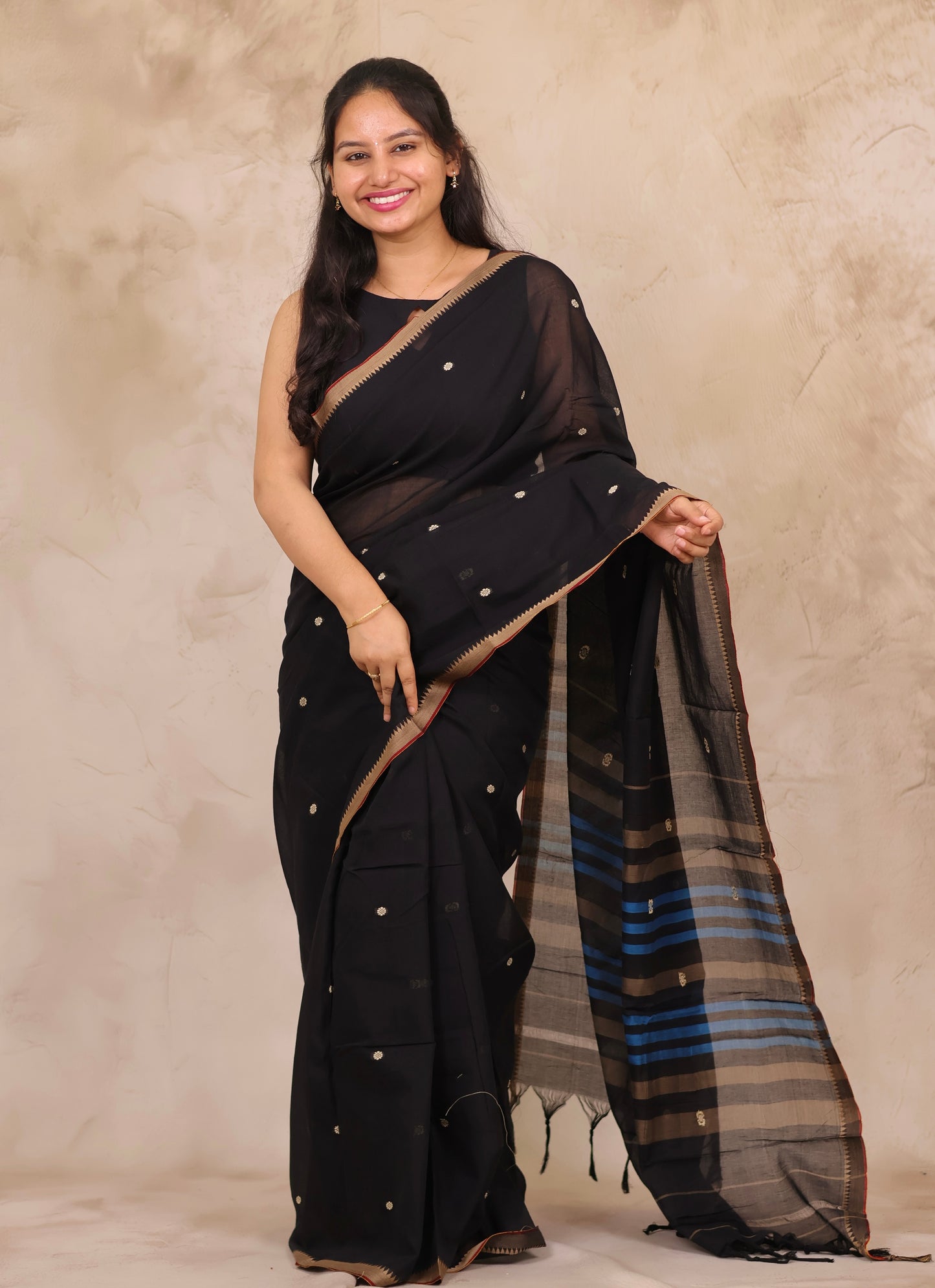 Black Narayanpet Cotton Saree With Butta Weaving | Looms & Tassels
