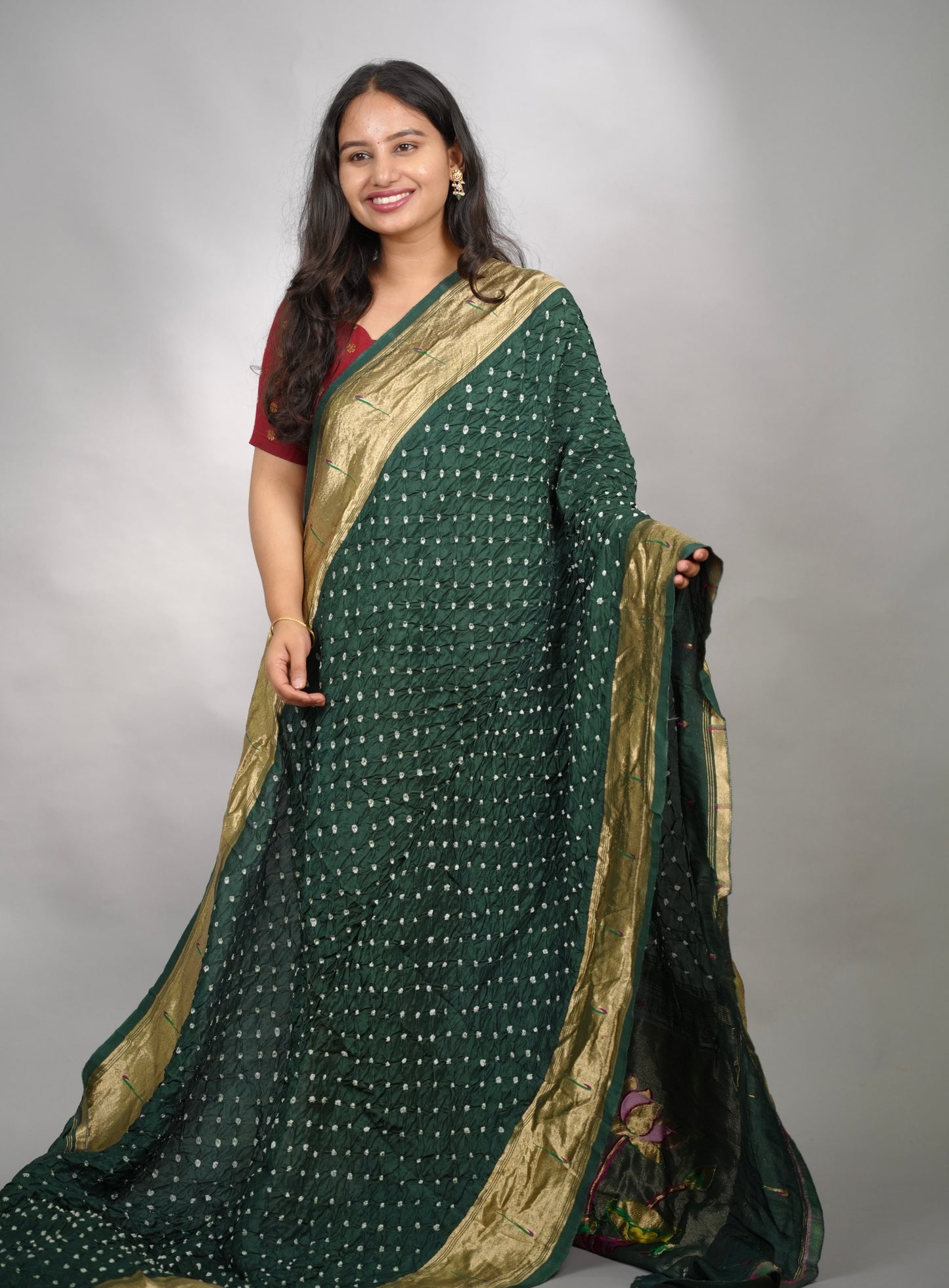 Bottle Green Handcrafted Bandhani Paithani Dola Silk Saree | Looms & Tassels