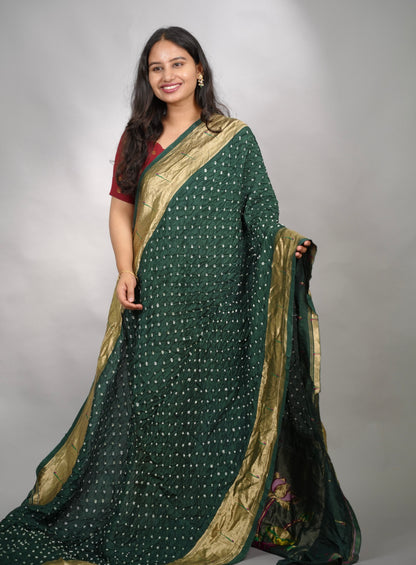 Bottle Green Handcrafted Bandhani Paithani Dola Silk Saree | Looms & Tassels