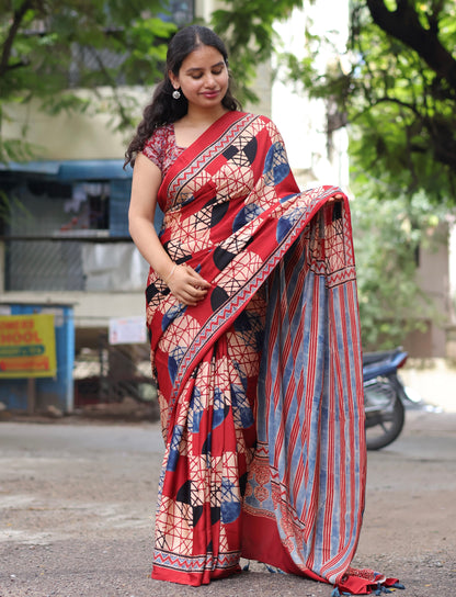 Red Ajrakh Modal Silk Saree