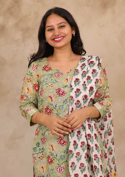 Green Linen Cotton Handblock printed 3 piece suit (stitched)