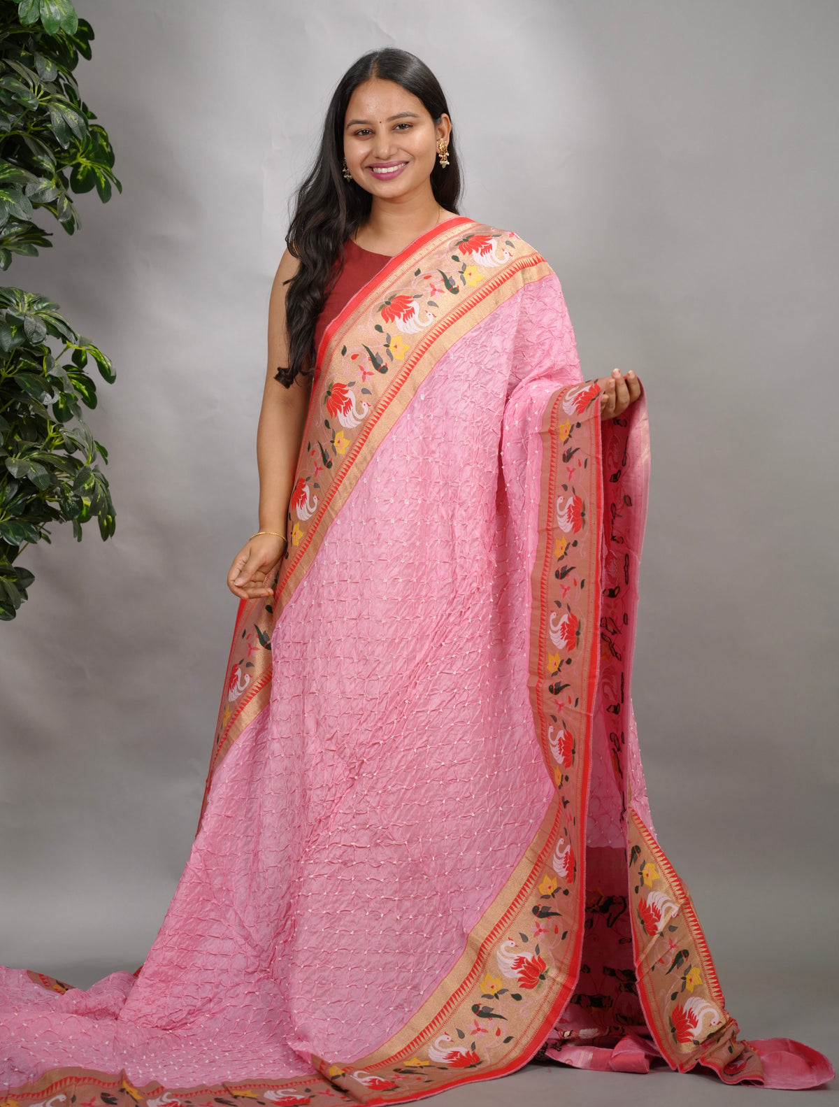 Pastel pink Handcrafted Bandhani Paithani Dola Silk Saree | Looms & Tassels