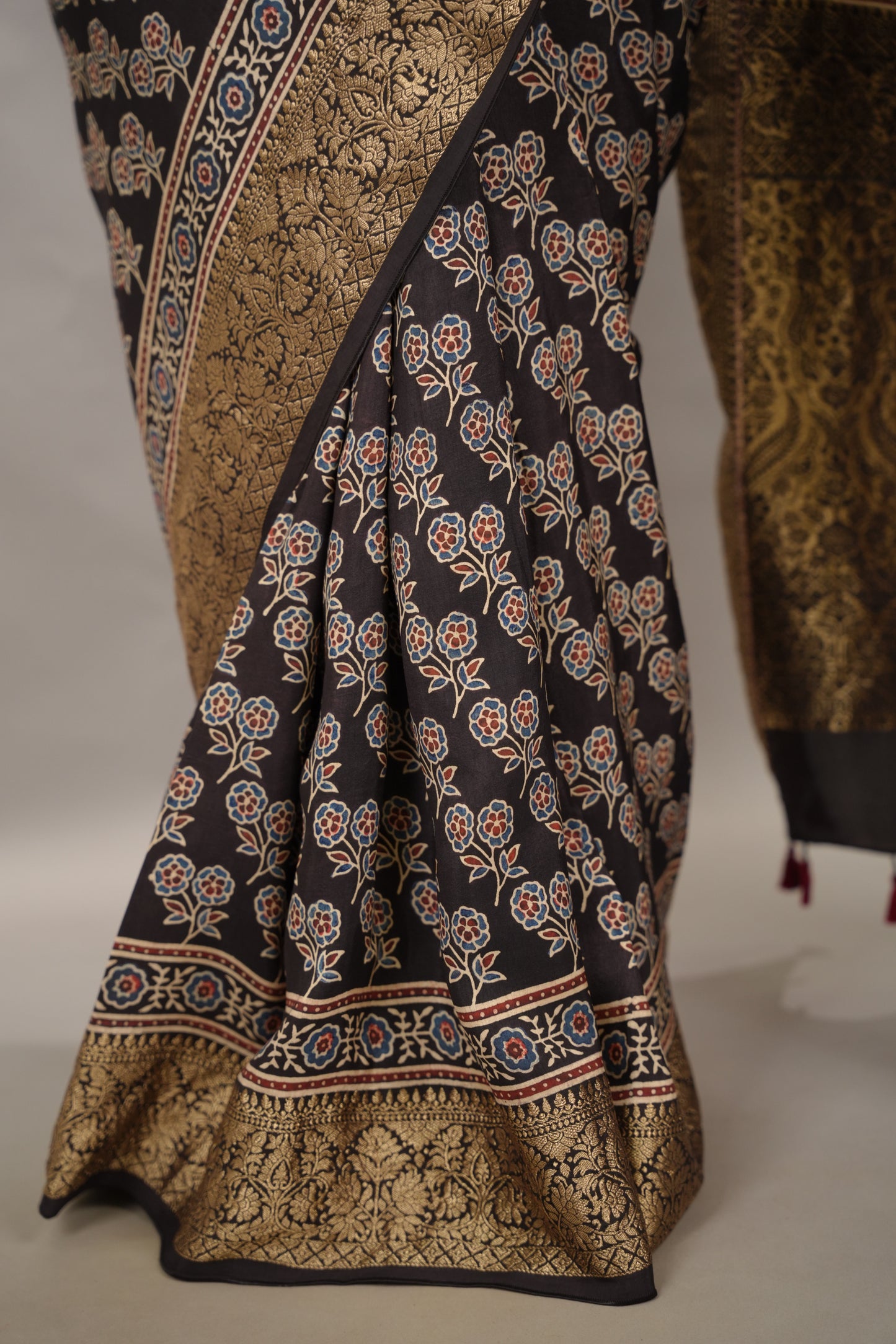 Black Ajrakh Handblock printed Dola Silk Saree | Looms & Tassels