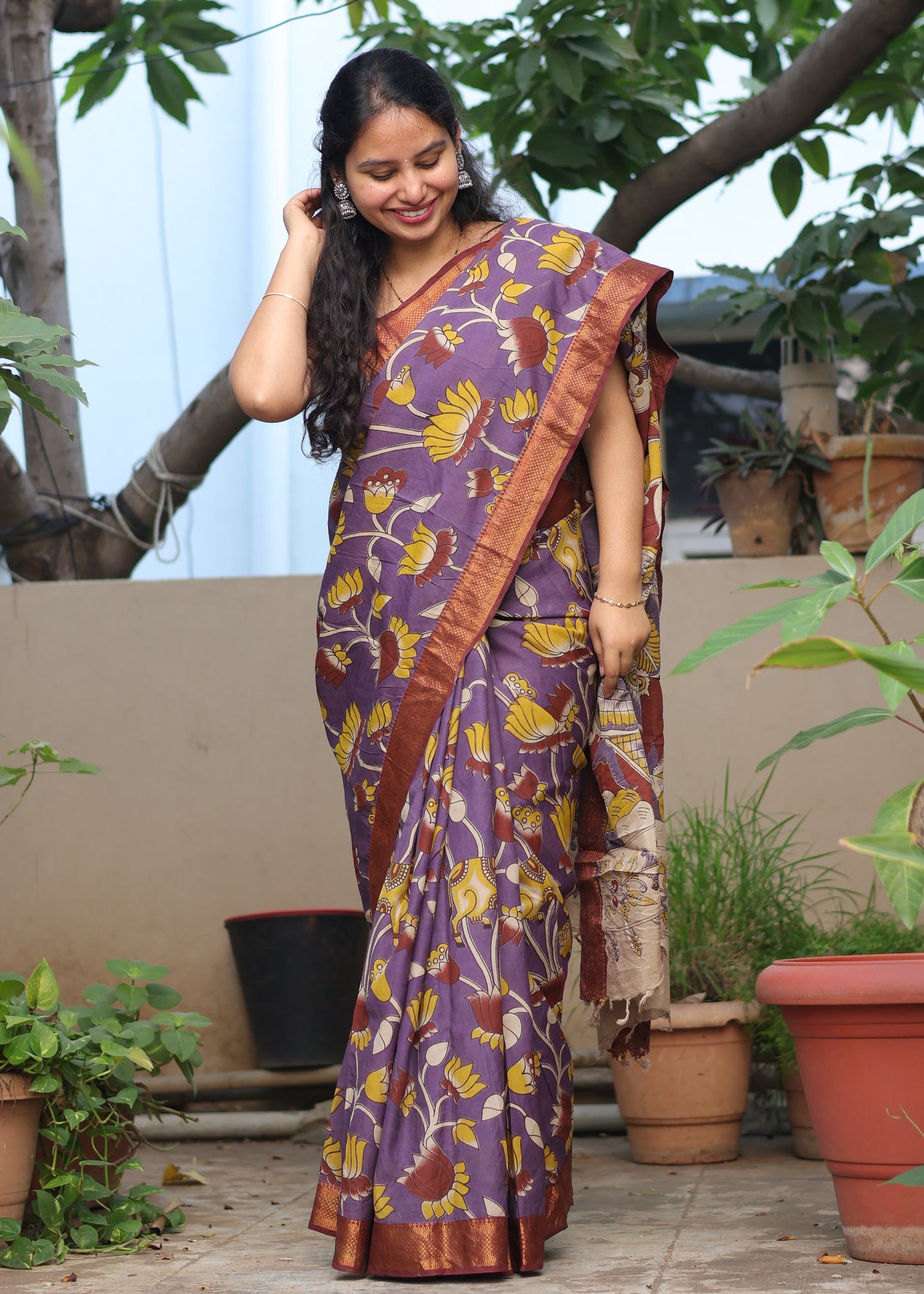 Purple Lotus & Pichwai Kalamkari Silk Handcrafted Nizam Border Saree