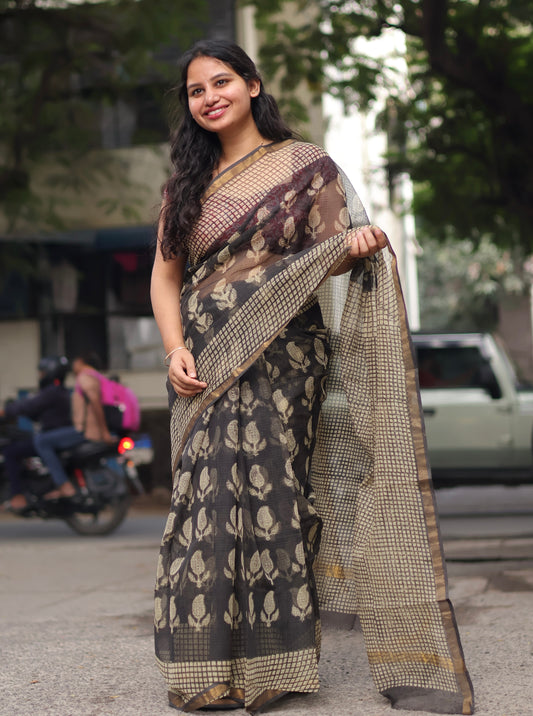Black Bagru Hand block printed Kota Doriya Saree