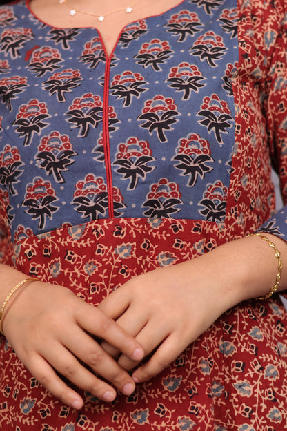 Red & Blue Ajrakh Hand Block printed Aline Kurti