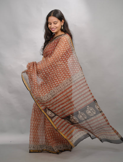 Maroon Pure Kota Doria Saree with Bagru Handblock Prints | Looms & Tassels