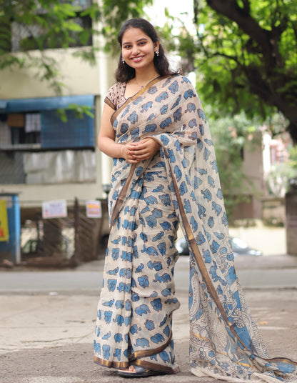Blue Kalamkari printed Kota Doriya Saree