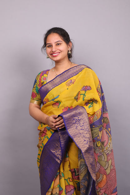 Yellow Hand Painted Pen Kalamkari Silk Saree