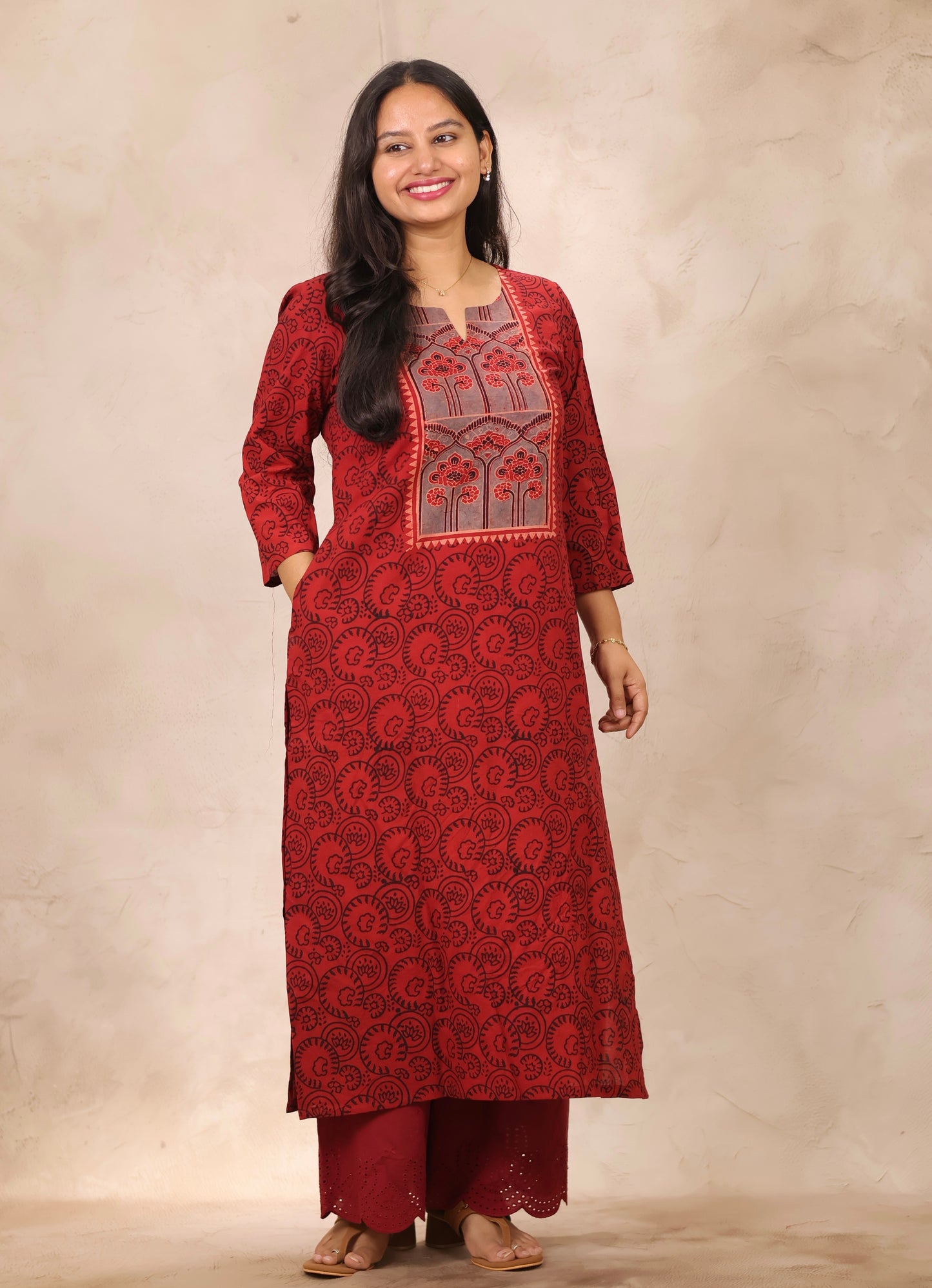 Red & Black Ajrakh Pattern Hand Block Cotton printed Kurti | Looms & Tassels
