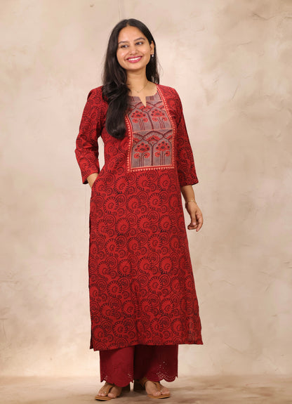 Red & Black Ajrakh Pattern Hand Block Cotton printed Kurti | Looms & Tassels