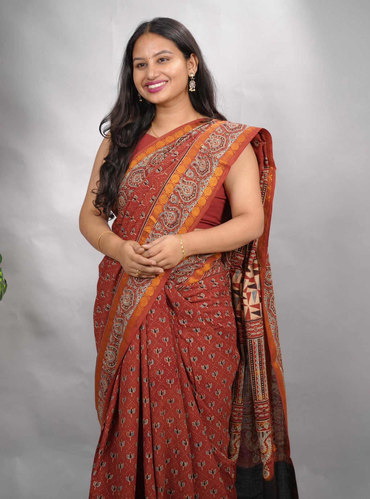 Rust Red Ajrakh Hand Block Printed Sungudi Cotton Saree | Looms & Tassels