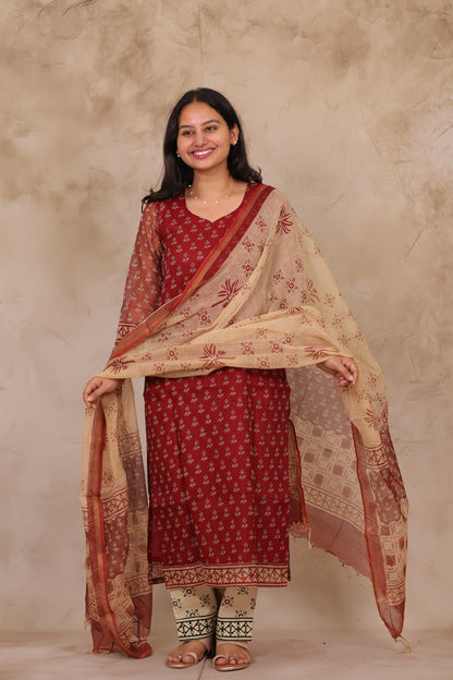Maroon Handblock printed kota 3 piece suit (stitched)
