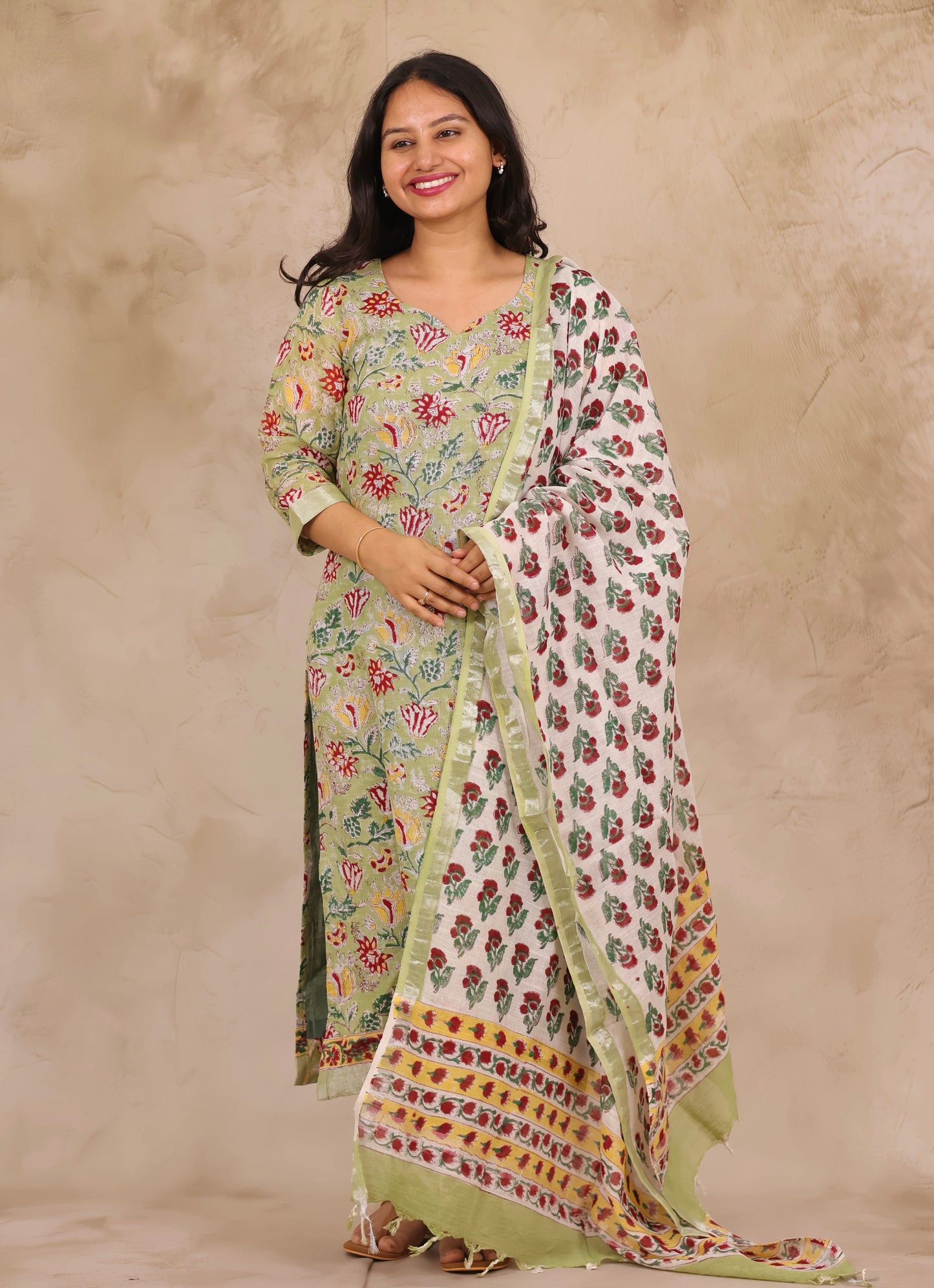 Green Linen Cotton Handblock printed 3 piece suit (stitched)