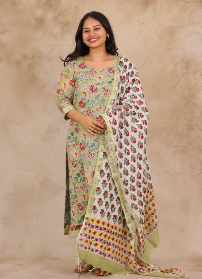 Green Linen Cotton Handblock printed 3 piece suit (stitched)
