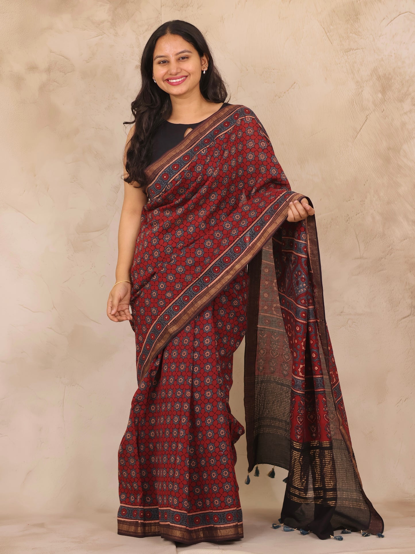 Maheswari Silk Cotton Ajrakh Handblock Printed Saree | Looms & Tassels