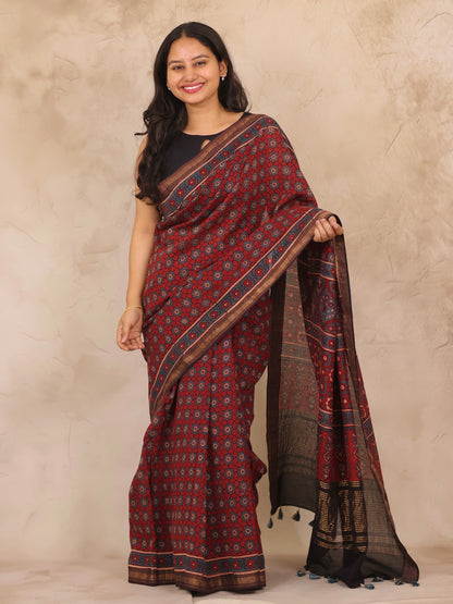 Maheswari Silk Cotton Ajrakh Handblock Printed Saree | Looms & Tassels