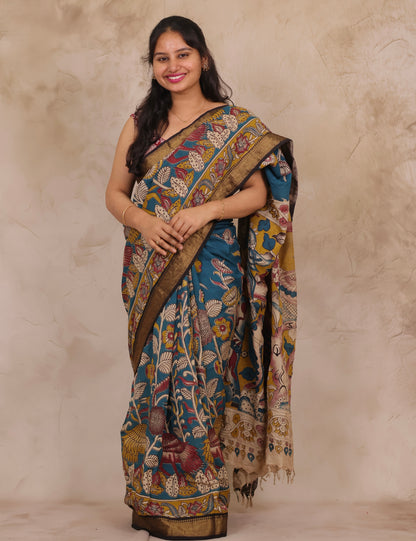 Blue Floral Kalamkari Nizam Border Chennur Silk Saree | Looms & Tassels