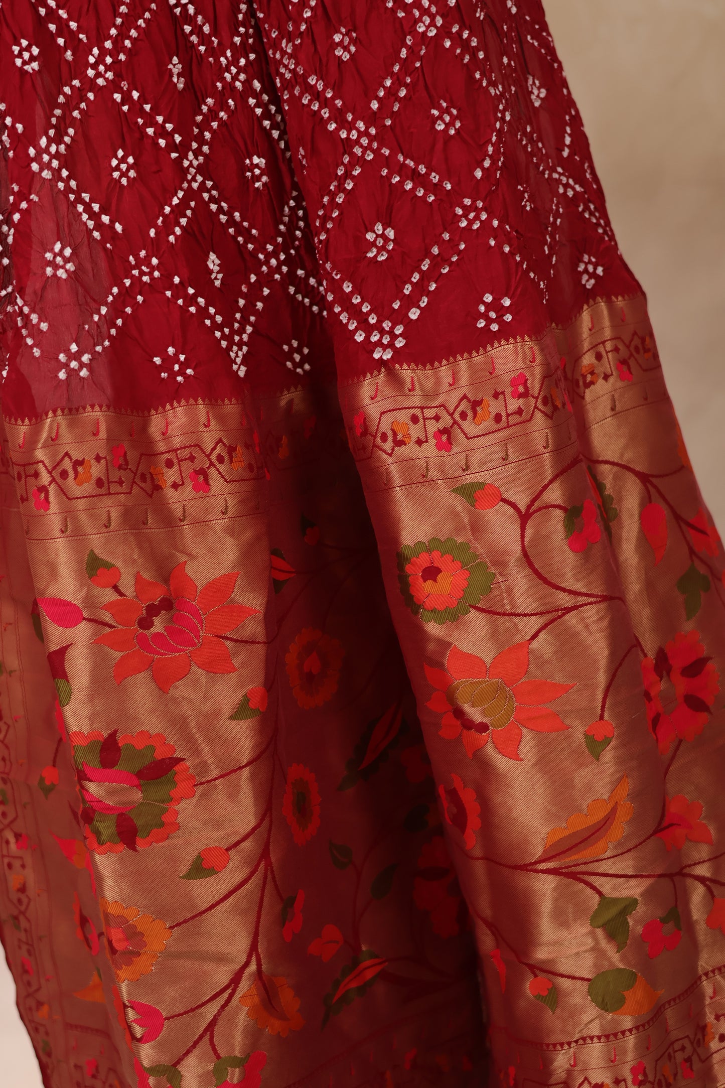 Deep Maroon Handcrafted Bandhani Paithani Dola Silk Saree | Looms & Tassels