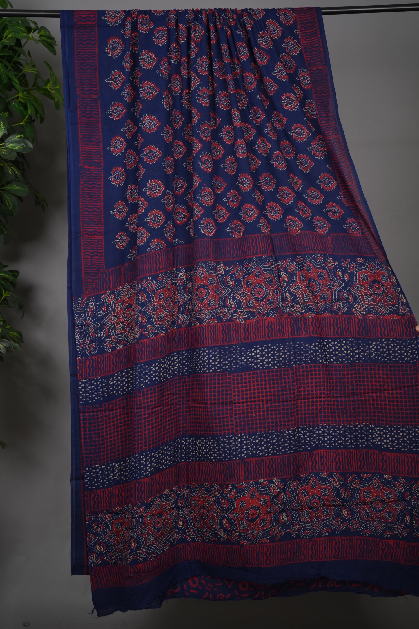 Dark Blue Bagru Handblock printed MulMul cotton saree | Looms & Tassels