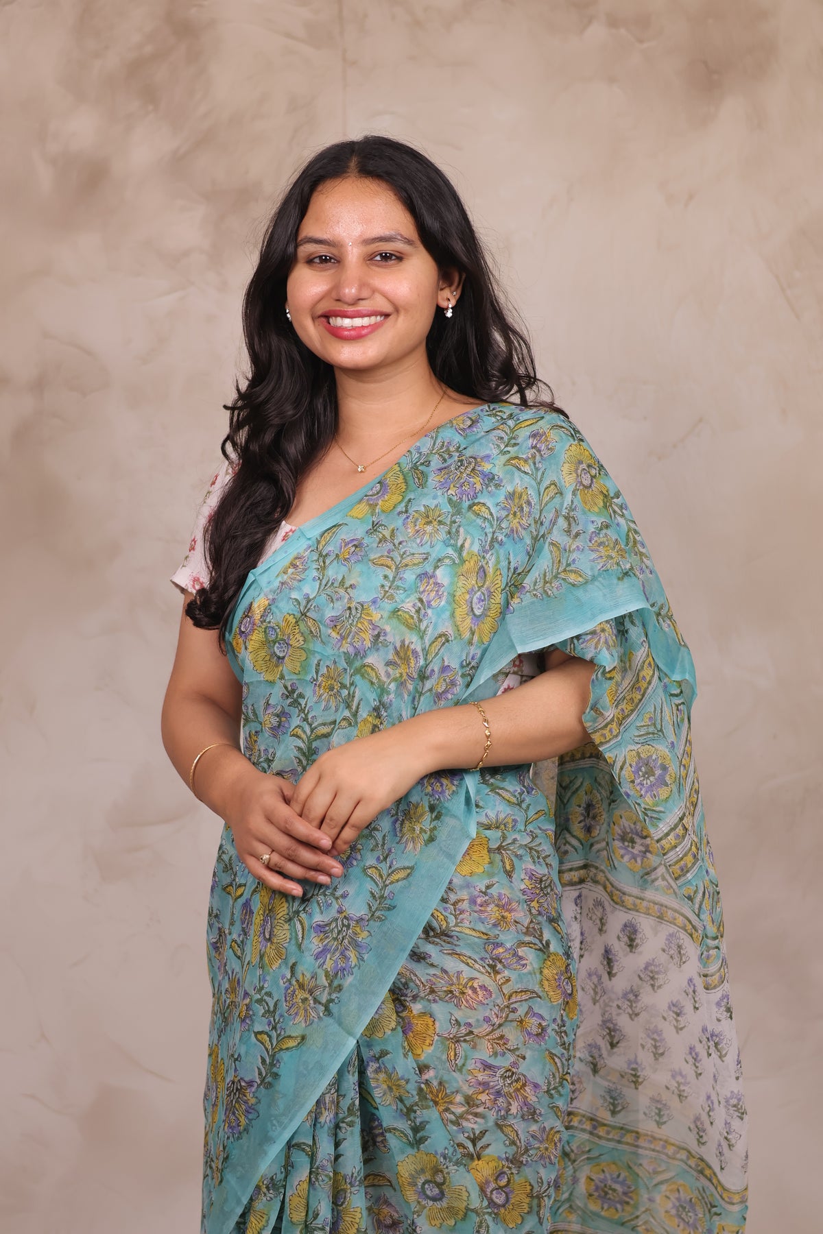 Ice Blue Chiffon Hand Block Printed Saree | Looms & Tassels