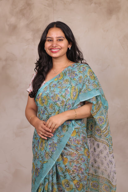 Ice Blue Chiffon Hand Block Printed Saree | Looms & Tassels