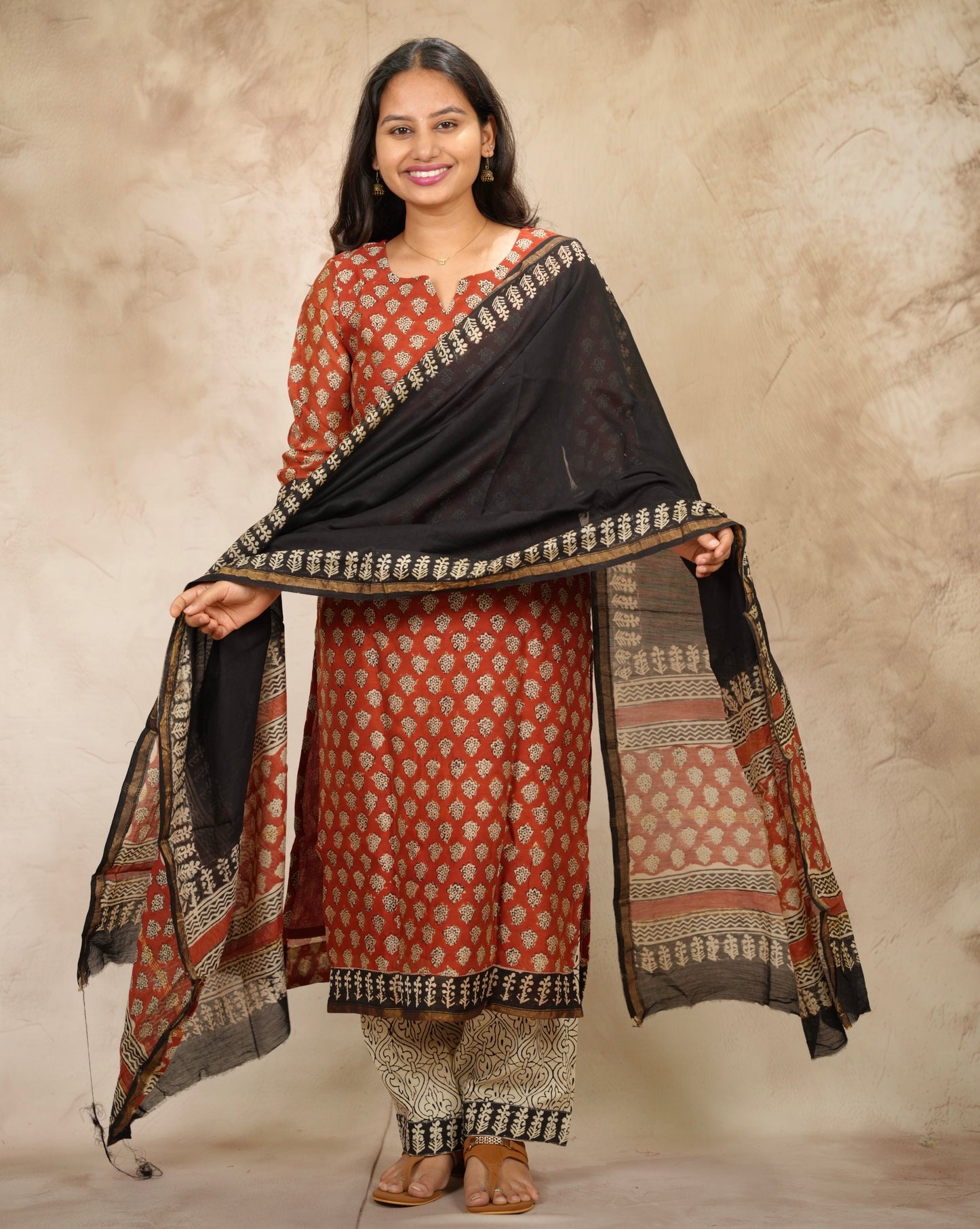 Maroon Handblock printed Pure Chenderi Silk 3 piece suit (stitched) | Looms & Tassels