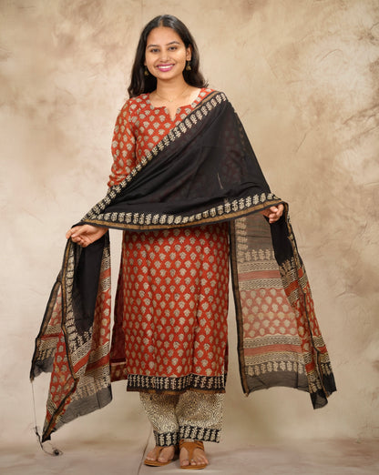 Maroon Handblock printed Pure Chenderi Silk 3 piece suit (stitched) | Looms & Tassels