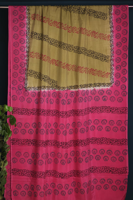 Hand dyeing premium chennur silk with block prints saree