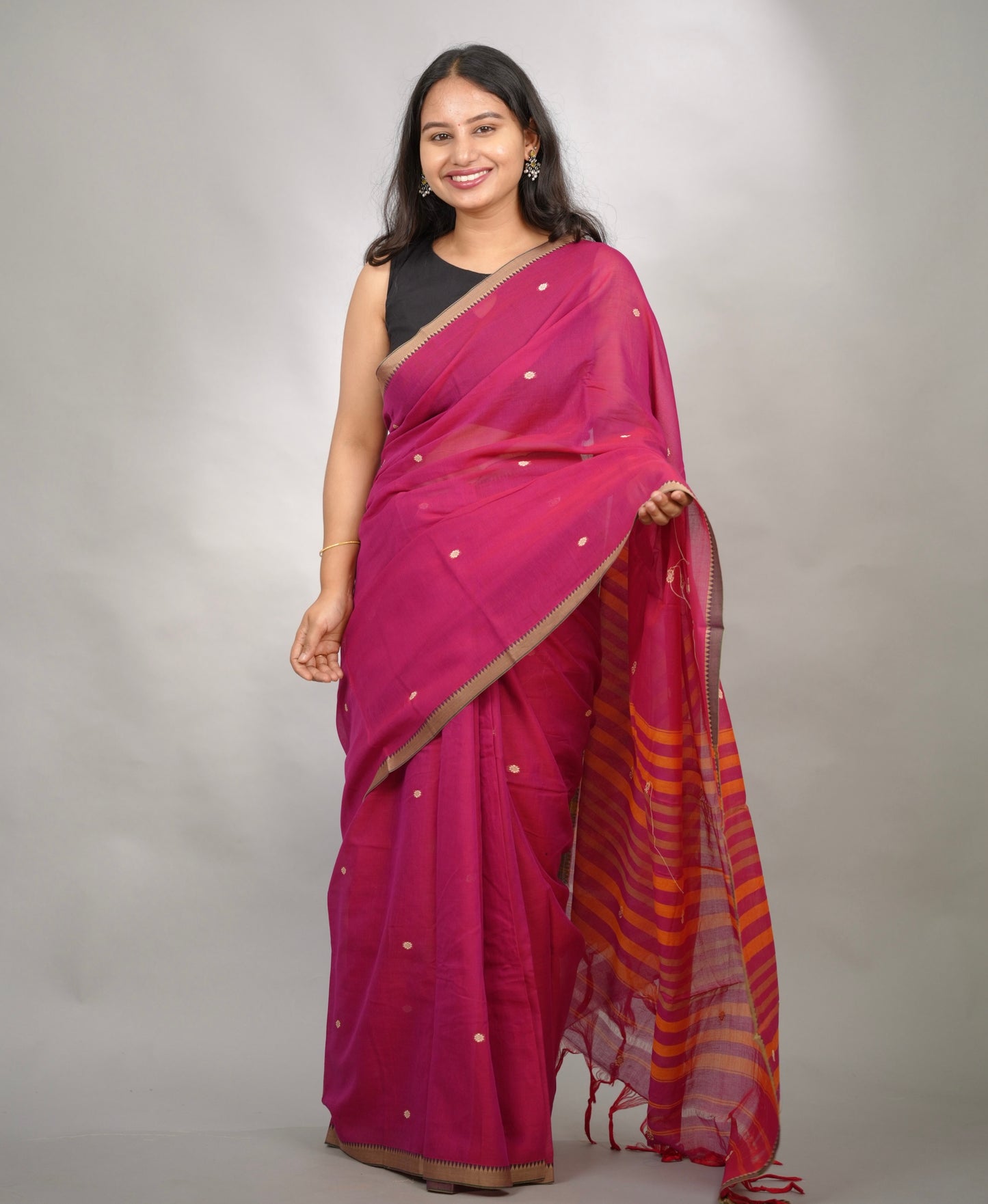 Pink Narayanpet Cotton Saree With Butta Weaving | Looms & Tassels