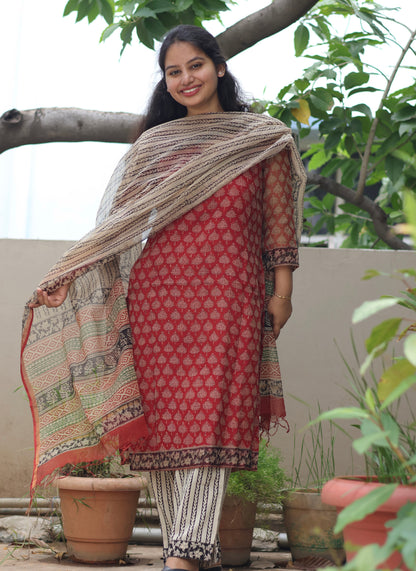 Maroon Handblock printed kota 3 piece suit (stitched)