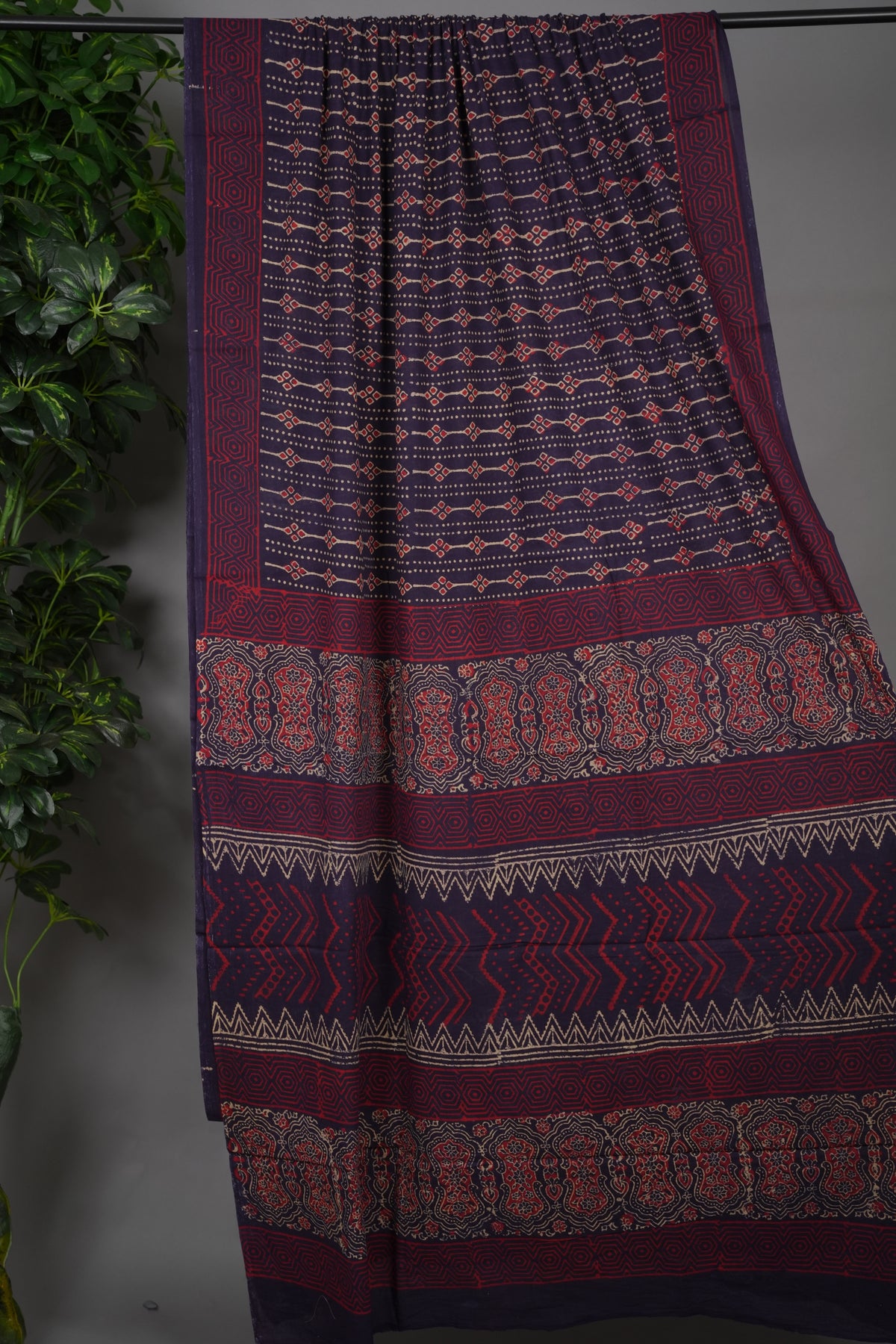 Violet Bagru Handblock printed MulMul cotton saree | Looms & Tassels